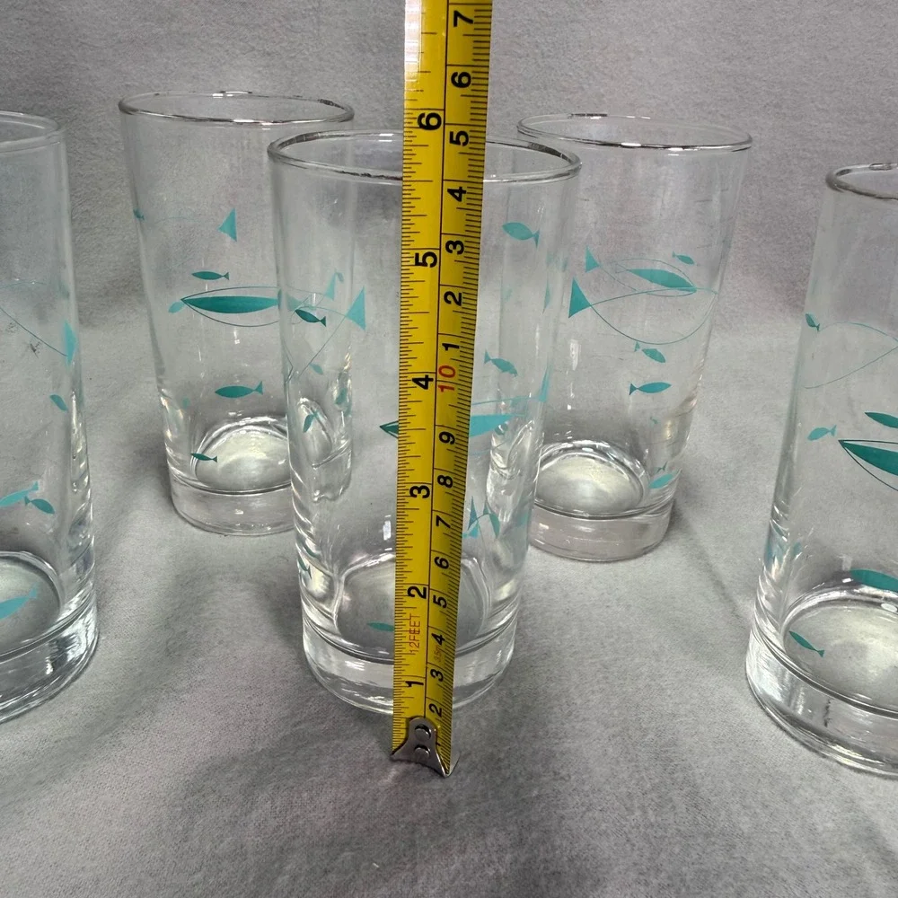 Libbey Mediterranean Atomic Fish Glass Tumblers Aqua MCM Drinking Glass Set of 5